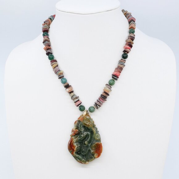 Vintage Large Jadeite Asian Design Carved Horse & Peach Pierced Pendant Necklace - Picture 1 of 7